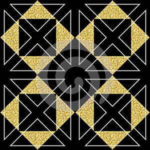 Golden triangle white black color, geometric seamless pattern black golden shimmer glitter design