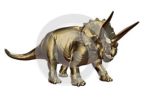 Golden Triceratops horridus of the late Cretaceous period between 66 and 68 million years ago 3d illustration isolated on white b