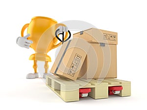 Golden trophy character with hand pallet truck with cardboard boxes