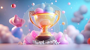 Golden Trophy with Colorful Easter Eggs in a Dreamy Cloud Setting photo