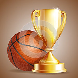 Golden trophy cup with a Basketball ball.