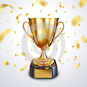 Golden trophy cup or champion cup with a blank gold plate for your text and falling shiny golden confetti