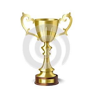 Golden trophy cup. Champion prize for first place in competition, shiny gold goblet sport award