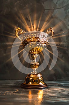 Golden trophy cup illuminated with radiant beams of light