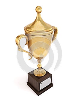 Golden trophy cup isolated on white background. 3d illustration.