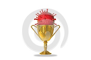 Golden trophy cup isolated on white background with Coronavirus influenza inside. Protection against ``2019-nCoV`` or infectio photo
