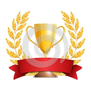 Golden Trophy Cup With Laurel Wreath And Red Ribbon. Award Design. Winner Concept. Isolated On White Background. Vector