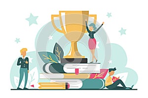 Golden trophy cup standing on the book stack vector isolated