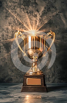 Golden trophy cup on a vintage background with radiant light