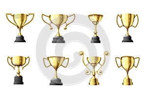 Golden trophy cup. Winners trophy, first place glossy gold cups and win sports prize vector illustration set