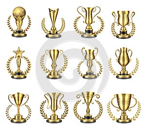 Golden trophy cups. Gold goblets and figures with laurel wreath. Vector realistic sports prize or business awards