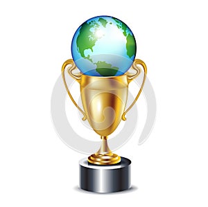 Golden trophy with earth globe