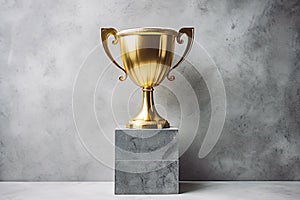 Golden Trophy in front of the gray wall. Winner or a champion concept. Minimalistic