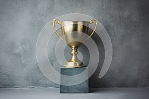 Golden Trophy in front of the gray wall. Winner or a champion concept. Minimalistic