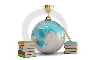 A golden trophy on globe and two stack of books.  isolated on white background. 3D illustration