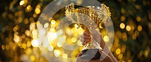 The golden trophy held high during a moment of celebration and victory..AI generated image