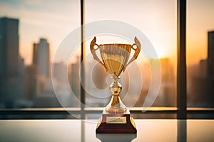 Golden Trophy on Marble Podium in Modern Office Setting