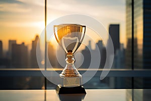 Golden Trophy on Marble Podium in Modern Office Setting