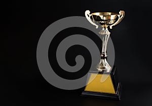 Golden trophy over black background. Winning awards with copy space for text and design.