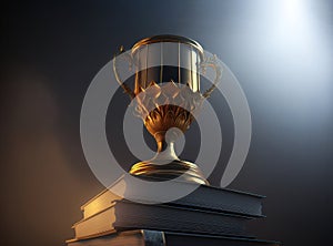 Golden trophy on pile of books, with sun rays over trophy learning achievement concept. Generative AI