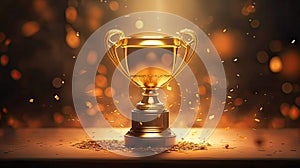 golden trophy is placed in the center of dark golden blurred blobs