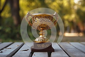 A golden trophy is placed prominently on top of a sturdy wooden table