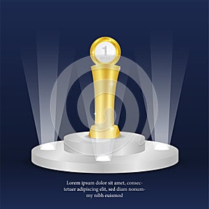 Golden trophy on the podium with dark blue background. announcement winner template. success story. vector illustration.