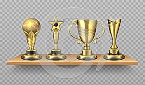 Golden trophy. Realistic bookshelf with sport victory symbols. Library wooden shelf with shiny gold cups. Vector photo