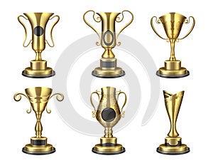 Golden trophy. Realistic isolated cup, award design templates, 3D contest winner star prize. Vector golden reward set