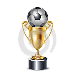 Golden trophy and soccer ball