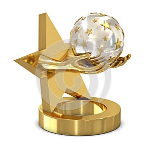 Golden trophy with star and hands