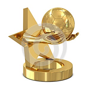 Golden trophy with star, hands and soccer ball