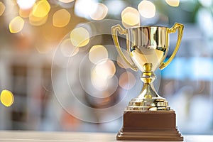 Golden Trophy on Wooden Table