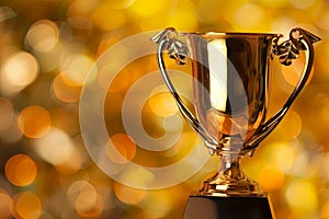 Golden Trophy on Wooden Table