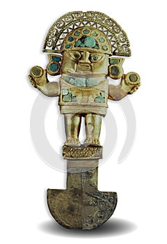 Golden Tumi with embedded gemstones. A medical tool and object for rituals. Peruvian treasure in Gold Museum Lima photo