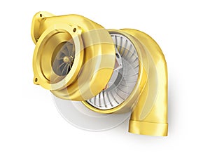 Golden turbine for a 3d rendering machine on a white background