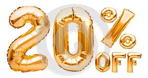 Golden twenty percent sale sign made of inflatable balloons isolated on white. Helium balloons, gold foil numbers. Sale