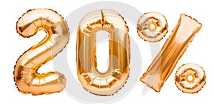 Golden twenty percent sign made of inflatable balloons isolated on white. Helium balloons, gold foil numbers. Sale decoration,