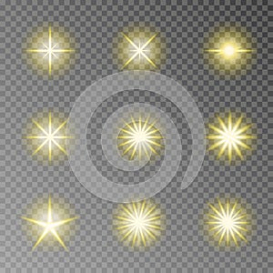 Golden twinkle sparkle vector isolated on transparent background. Flash light camera effect. Glare l
