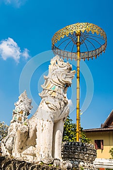 Golden umbrela and animals statue at Wat Saen Fang temple in Chiang Mai, Thailand.