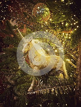 Golden unicorn on Christmas tree