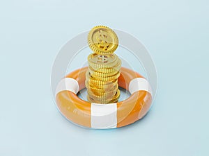 Golden US dollar coins stacking inside of safety life rubber ring for money saving wealth investment can make stability life
