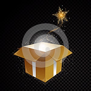 Golden vector 3D gift box with glittering spiral star dust trail sparkling particles on transparent background
