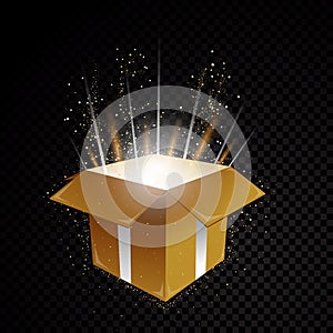 Golden vector 3D gift box with glittering spiral star dust trail sparkling particles on transparent background