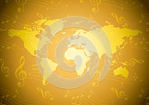 golden vector background with wavy music notes and light yellow world map