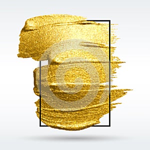 Golden vector brushstroke. Wite light background. Smear with an artistic golden brush. Gold grunge texture in a frame.