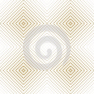 Golden vector halftone seamless pattern. Radial gradient texture with squares