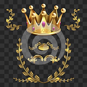 Golden vector heraldic elements. Kings crown, laurel wreath