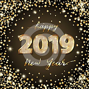 Golden Vector luxury text 2019 Happy new year. Gold Festive Numbers Design. Glitter confetti. Square Banner 2019 Digits