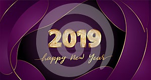 Golden Vector luxury text 2019 Happy new year on purple fluid background